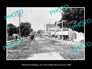 OLD LARGE HISTORIC PHOTO OF CHARLEVOIX MICHIGAN, VIEW OF BRIDGE St & STORES 1900