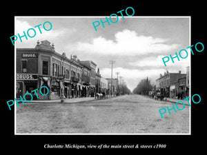 OLD LARGE HISTORIC PHOTO OF CHARLOTTE MICHIGAN, THE MAIN STREET & STORES c1900