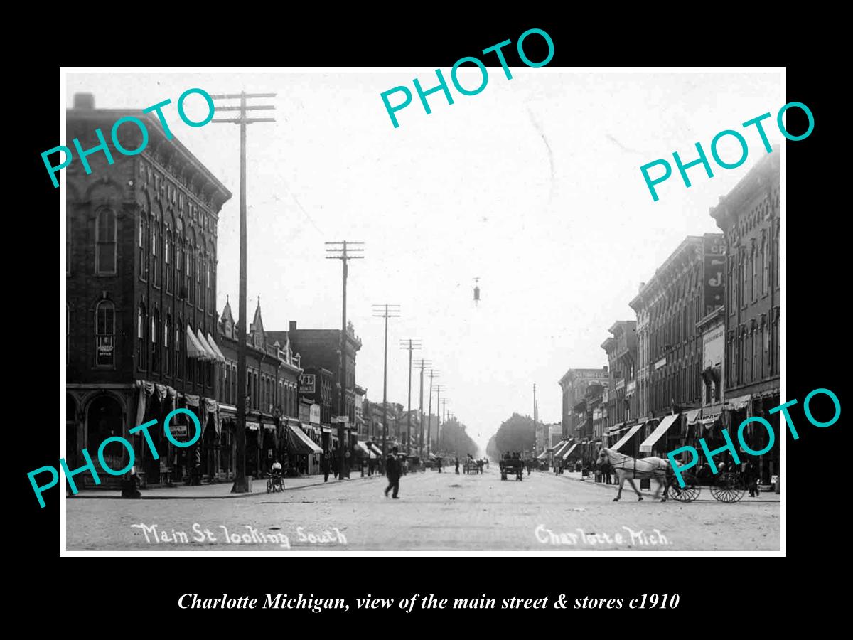 OLD LARGE HISTORIC PHOTO OF CHARLOTTE MICHIGAN, THE MAIN STREET & STORES c1910