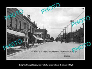 OLD LARGE HISTORIC PHOTO OF CHARLOTTE MICHIGAN, THE MAIN STREET & STORES c1920