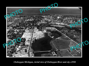 OLD LARGE HISTORIC PHOTO OF CHEBOYGAN MICHIGAN, AERIAL VIEW OF THE CITY c1950