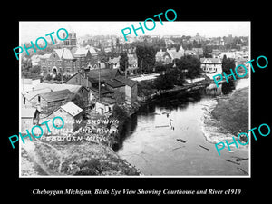 OLD LARGE HISTORIC PHOTO OF CHEBOYGAN MICHIGAN, THE RIVER & COURT HOUSE c1910