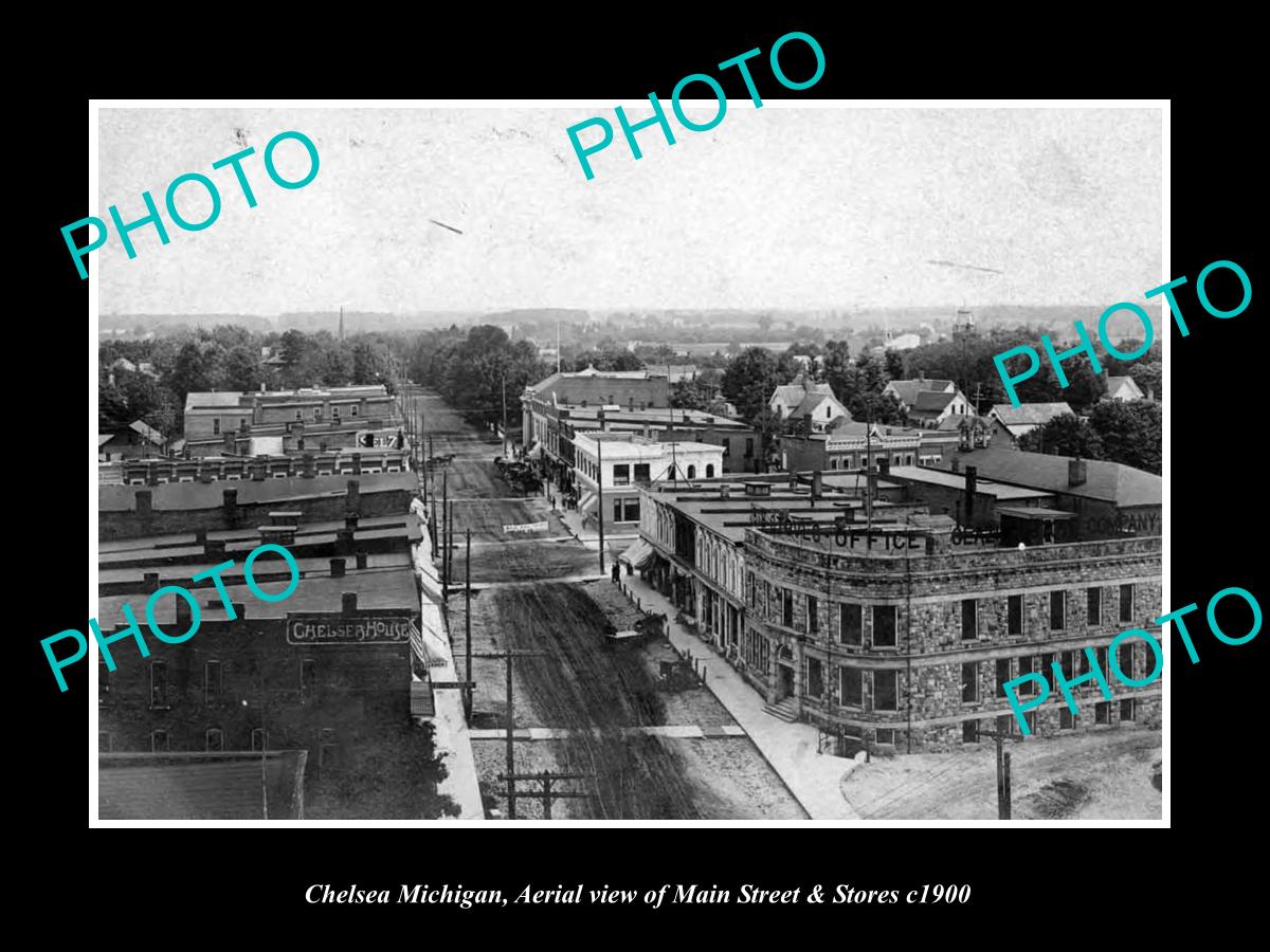 OLD LARGE HISTORIC PHOTO OF CHELSEA MICHIGAN, AERIAL VIEW OF MAIN STREET c1900