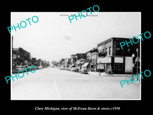 OLD LARGE HISTORIC PHOTO OF CLARE MICHIGAN, VIEW OF McEWAN St & STORES c1950