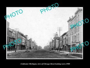 OLD LARGE HISTORIC PHOTO OF COLDWATER MICHIGAN, VIEW OF CHICAGO St & STORES 1900