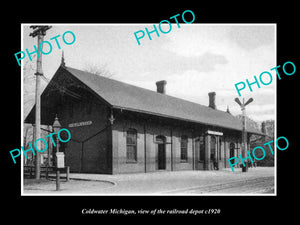 OLD LARGE HISTORIC PHOTO OF COLDWATER MICHIGAN, VIEW OF THE RAILROAD DEPOT c1920