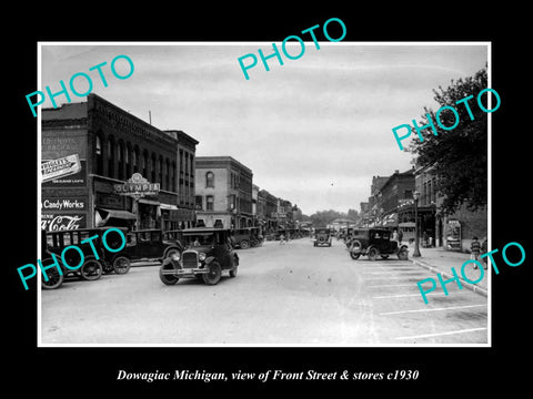 OLD LARGE HISTORIC PHOTO OF DOWAGIAC MICHIGAN, VIEW OF FRONT St & STORES c1930