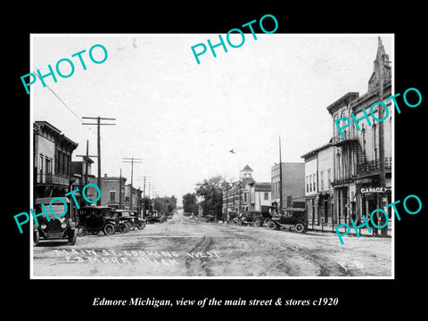 OLD LARGE HISTORIC PHOTO OF EDMORE MICHIGAN, VIEW OF THE MAIN St & STORES c1920