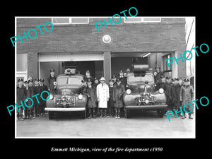 OLD LARGE HISTORIC PHOTO OF EMMETT MICHIGAN, THE FIRE DEPARTMENT STATION c1950