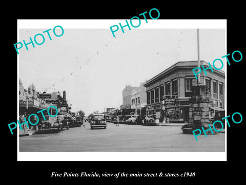 OLD LARGE HISTORIC PHOTO OF FIVE POINTS FLORIDA, THE MAIN St & STORES c1940