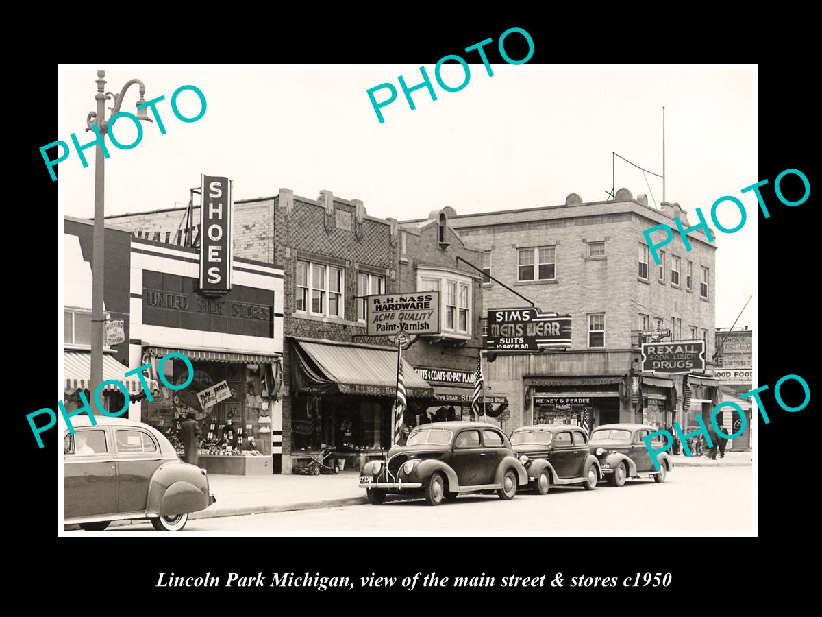 OLD LARGE HISTORIC PHOTO OF LINCOLN PARK MICHIGAN, THE MAIN STREET & STORES 1950