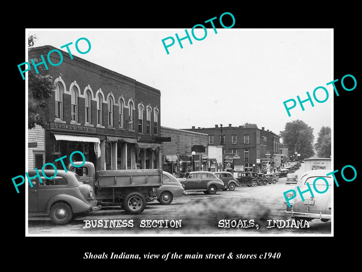 OLD LARGE HISTORIC PHOTO OF SHOALS INDIANA, THE MAIN STREET & STORES c1940