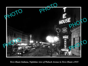 OLD LARGE HISTORIC PHOTO OF TERRE HAUTE INDIANA, WABASH Ave AT NIGHTTIME c1935