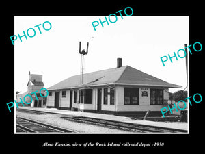 OLD LARGE HISTORIC PHOTO OF ALMA KANSAS, THE ROCK ISLAND RAILROAD DEPOT c1950