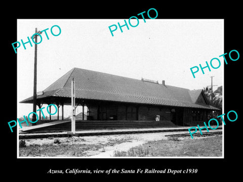 OLD LARGE HISTORIC PHOTO OF AZUSA CALIFORNIA, THE SANTA FE RAILROAD DEPOT c1930