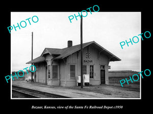 OLD LARGE HISTORIC PHOTO OF BAZAAR KANSAS, THE SANTA FE RAILROAD DEPOT c1950