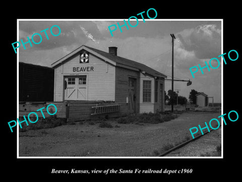 OLD LARGE HISTORIC PHOTO OF BEAVER KANSAS, THE SANTA FE RAILROAD DEPOT c1960