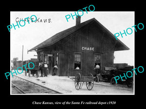 OLD LARGE HISTORIC PHOTO OF CHASE KANSAS, THE SANTA FE RAILROAD DEPOT c1920