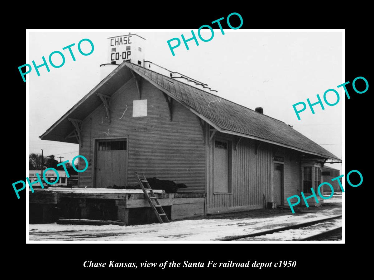 OLD LARGE HISTORIC PHOTO OF CHASE KANSAS, THE SANTA FE RAILROAD DEPOT c1950