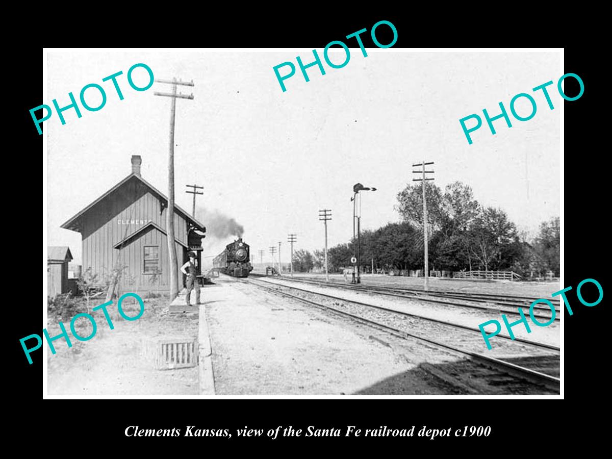 OLD LARGE HISTORIC PHOTO OF CLEMENTS KANSAS, THE SANTA FE RAILROAD DEPOT c1900