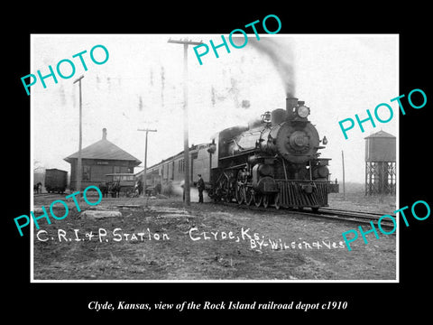 OLD LARGE HISTORIC PHOTO OF CLYDE KANSAS, THE ROCK ISLAND RAILROAD DEPOT c1910