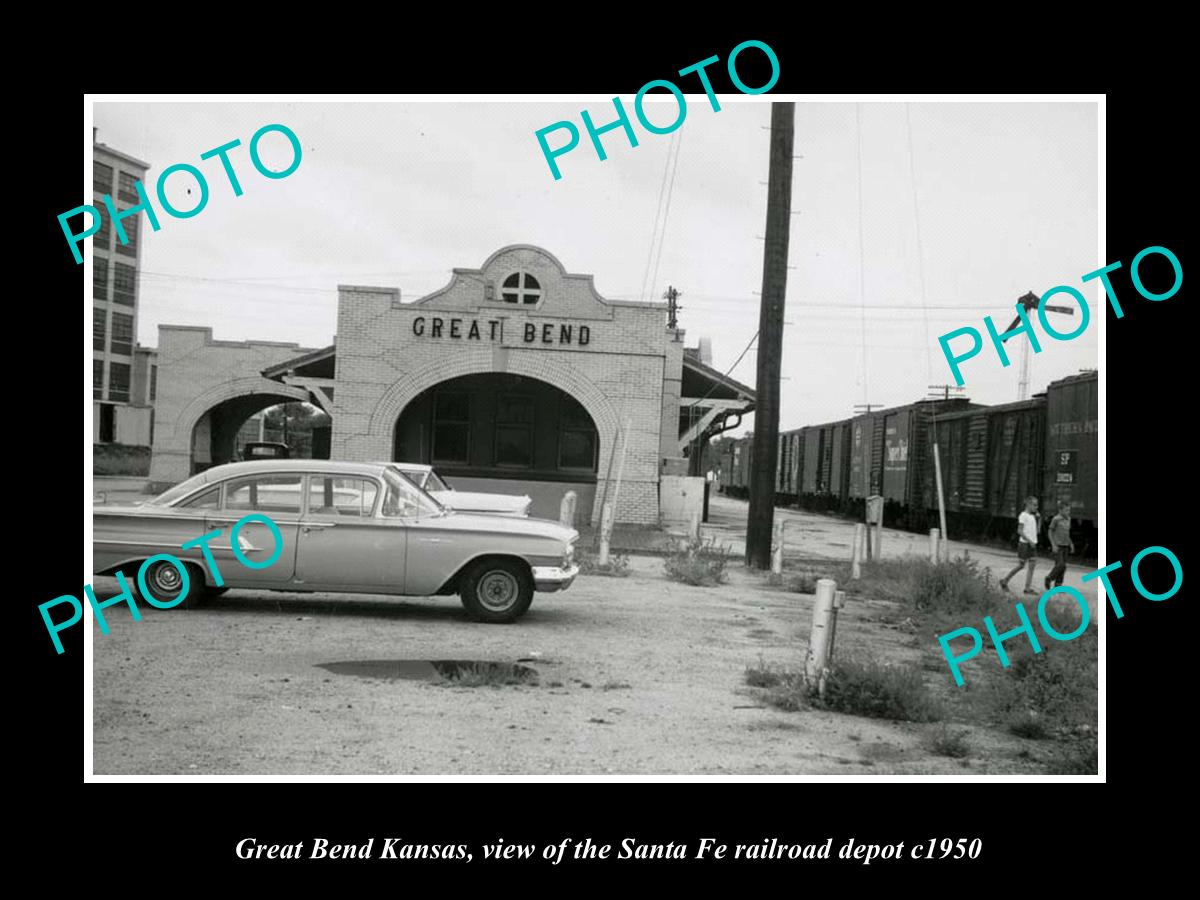 OLD LARGE HISTORIC PHOTO OF GREAT BEND KANSAS, THE SANTA FE RAILROAD DEPOT c1950