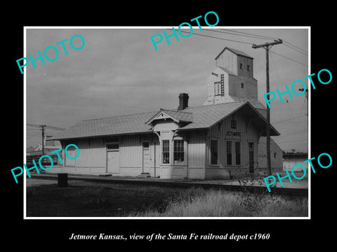 OLD LARGE HISTORIC PHOTO OF JETMORE KANSAS, THE SANTA FE RAILROAD DEPOT c1960