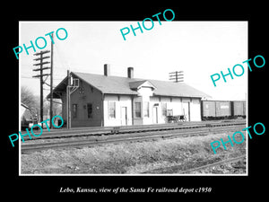 OLD LARGE HISTORIC PHOTO OF LEBO KANSAS, THE SANTA FE RAILROAD DEPOT c1950