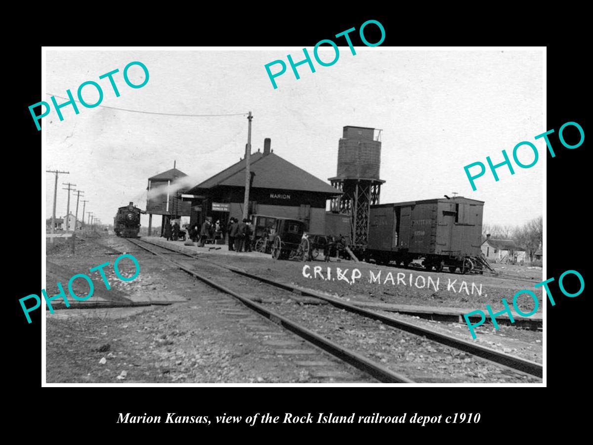 OLD LARGE HISTORIC PHOTO OF MARION KANSAS, THE ROCK ISLAND RAILROAD DEPOT c1910