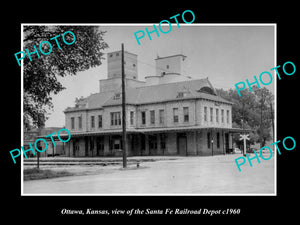 OLD LARGE HISTORIC PHOTO OF OTTAWA KANSAS, THE SANTA FE RAILROAD DEPOT c1960