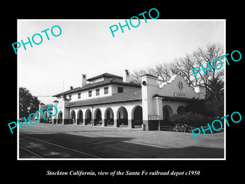 OLD LARGE HISTORIC PHOTO OF STOCKTON CALIFORNIA, SANTA FE RAILROAD DEPOT c1950