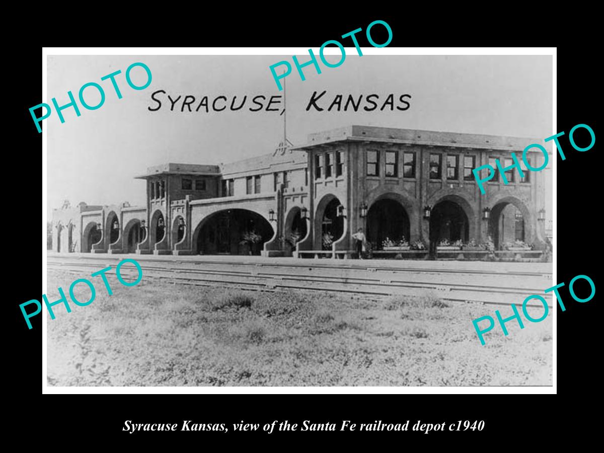 OLD LARGE HISTORIC PHOTO OF SYRACUSE KANSAS, THE SANTA FE RAILROAD DEPOT c1940