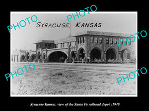 OLD LARGE HISTORIC PHOTO OF SYRACUSE KANSAS, THE SANTA FE RAILROAD DEPOT c1940