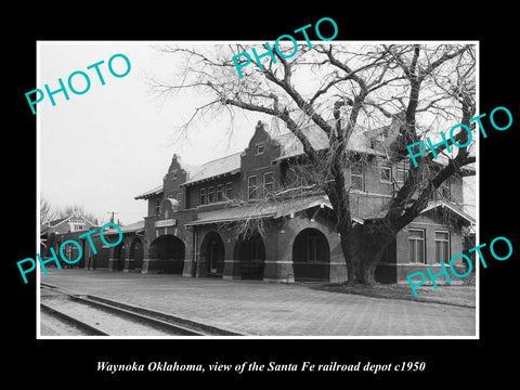 OLD LARGE HISTORIC PHOTO OF WAYNOKA OKLAHOMA, THE SANTA FE RAILROAD DEPOT c1950