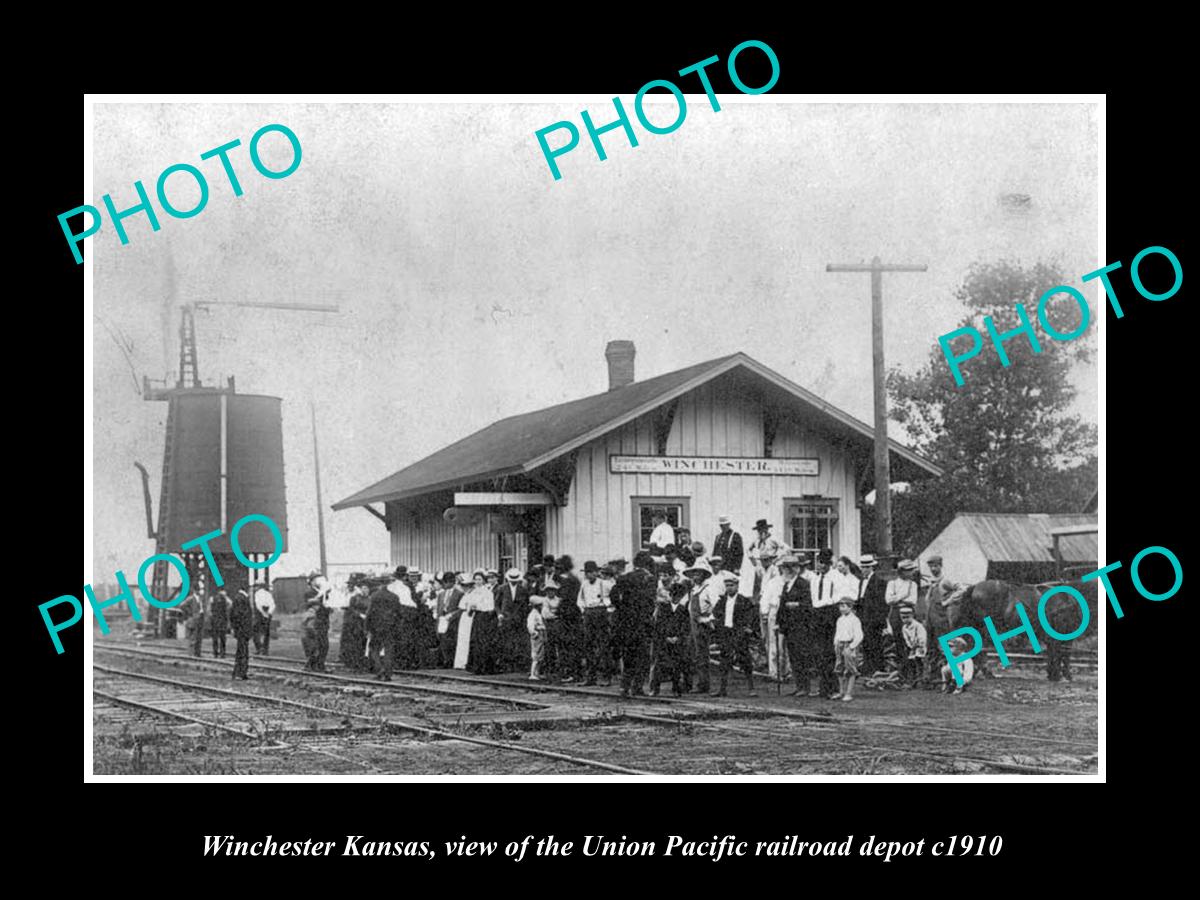 OLD LARGE HISTORIC PHOTO OF WINCHESTER KANSAS, UNION PACIFIC RAILROAD DEPOT 1910