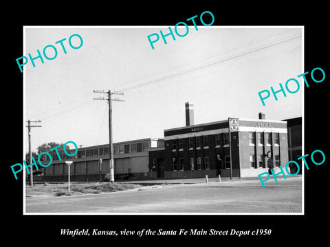 OLD LARGE HISTORIC PHOTO OF WINFIELD KANSAS, THE SANTA FE RAILROAD DEPOT c1950