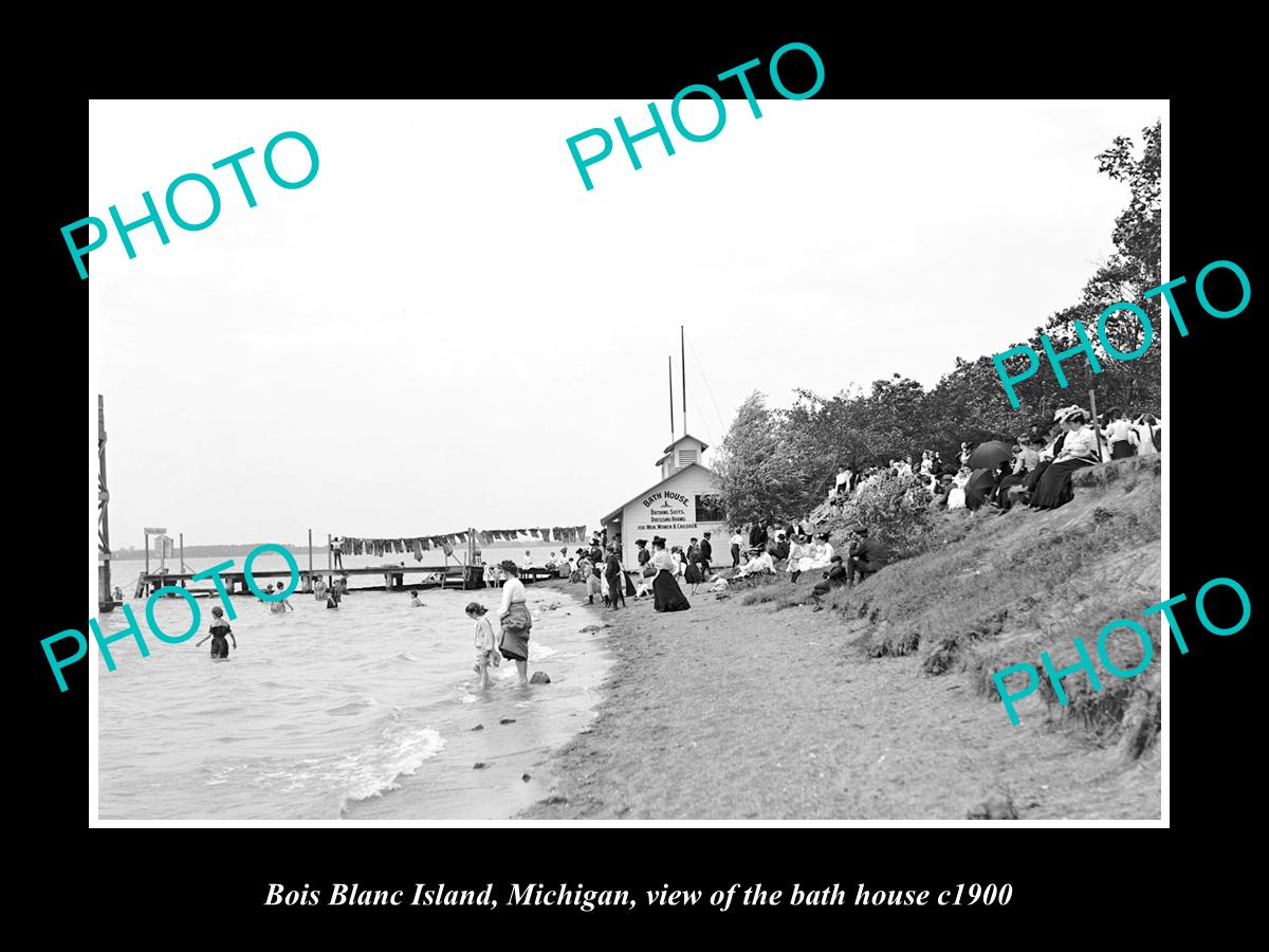 OLD LARGE HISTORIC PHOTO OF BOIS BLANC ISLAND MICHIGAN, THE BATH HOUSES c1900