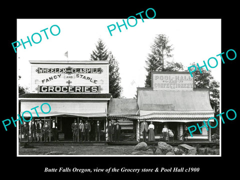 OLD LARGE HISTORIC PHOTO OF BUTTE FALLS OREGON, THE GROCERY & POLL HALL c1900