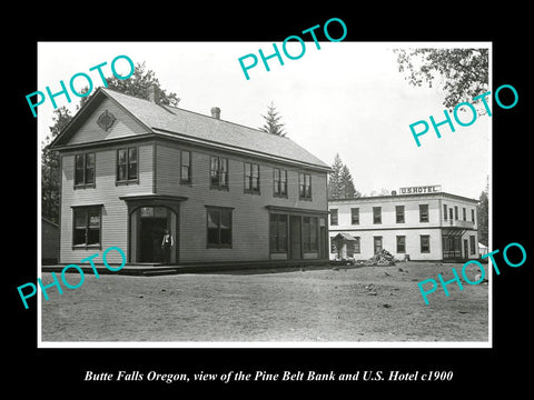 OLD LARGE HISTORIC PHOTO OF BUTTE FALLS OREGON, PINE BELT BANK & US HOTEL c1900