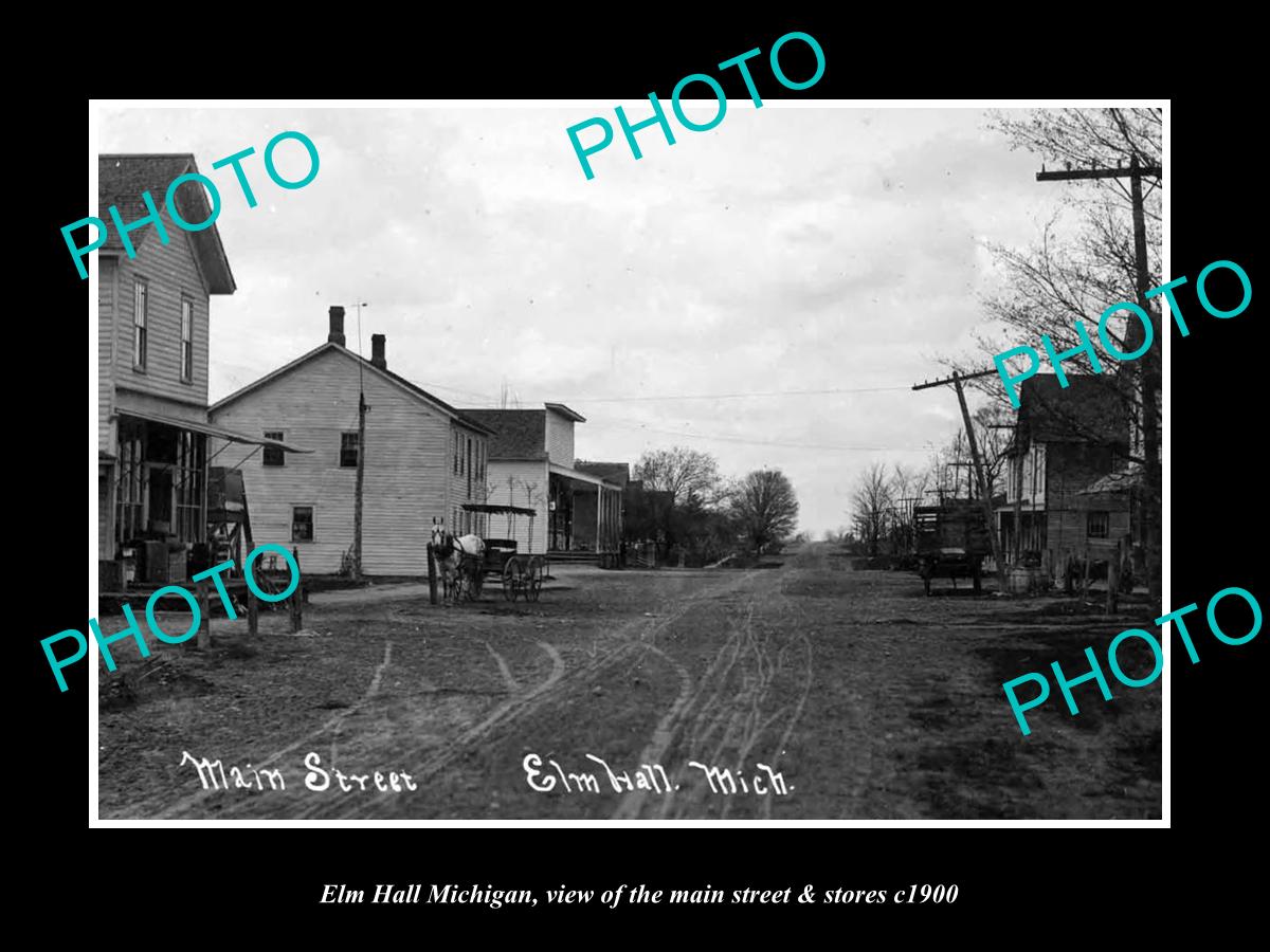 OLD LARGE HISTORIC PHOTO OF ELM HALL MICHIGAN, THE MAIN STREET & STORES c1900