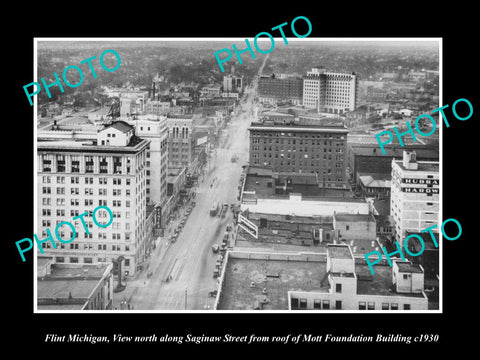 OLD LARGE HISTORIC PHOTO OF FLINT MICHIGAN, AERIAL VIEW OF SAGINAW STREET c1930