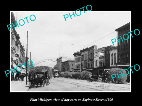 OLD LARGE HISTORIC PHOTO OF FLINT MICHIGAN, VIEW OF HAY CARTS ON SAGINAW St 1900