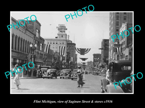 OLD LARGE HISTORIC PHOTO OF FLINT MICHIGAN, VIEW OF SAGINAW St & STORES c1936