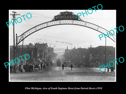 OLD LARGE HISTORIC PHOTO OF FLINT MICHIGAN, VIEW OF SOUTH SAGINAW STREET c1910