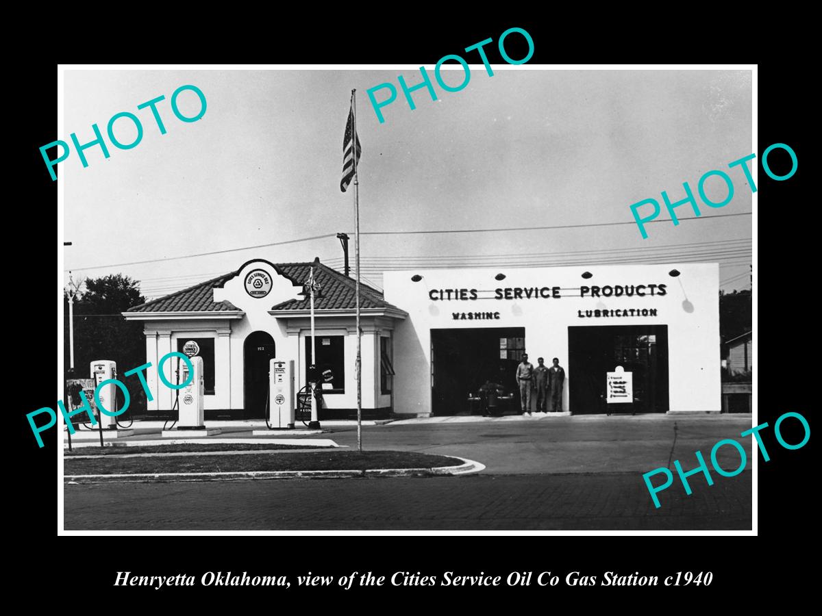 OLD LARGE HISTORIC PHOTO OF HENRYETTA OKLAHOMA, CITIES OIL SERVICE STATION c1940