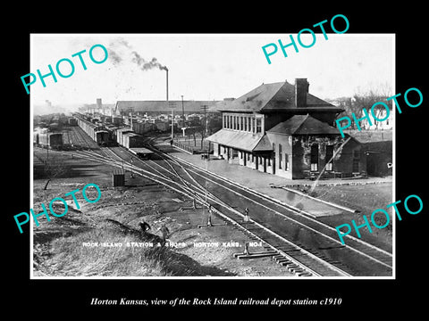 OLD LARGE HISTORIC PHOTO OF HORTON KANSAS, THE ROCK ISLAND RAILROAD DEPOT c1910