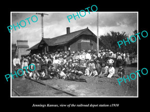 OLD LARGE HISTORIC PHOTO OF JENNINGS KANSAS, THE RAILROAD DEPOT STATION c1910