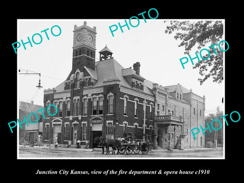 OLD HISTORIC PHOTO OF JUNCTION CITY KANSAS, THE FIRE STATION & OPERA HOUSE c1910