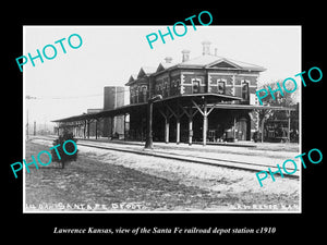 OLD LARGE HISTORIC PHOTO OF LAWRENCE KANSAS, THE SANTA FE RAILROAD DEPOT c1910