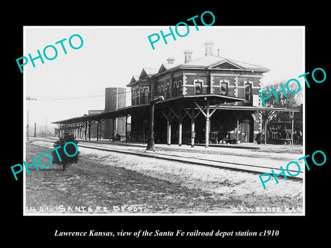 OLD LARGE HISTORIC PHOTO OF LAWRENCE KANSAS, THE SANTA FE RAILROAD DEPOT c1910